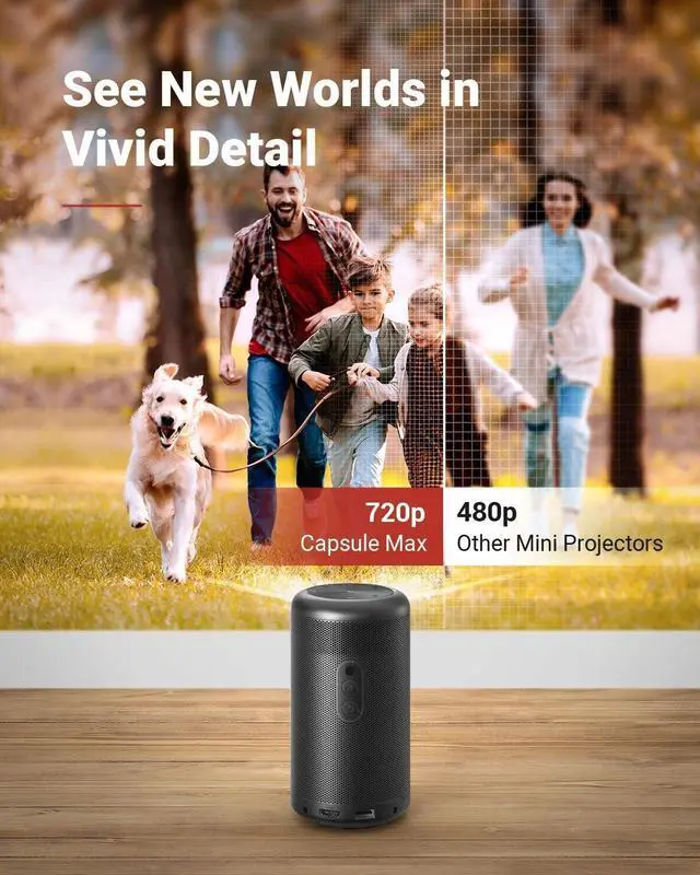 Alt view image 5 of 7 - NEBULA by Anker Capsule Max, Mini Projector with WiFi and Bluetooth, Small Projector, 200 ANSI Lumen, Projector Portable, Native 720p HD, 8W Speaker, 100 Inch Picture, 4Hr Video Playtime - Renewed