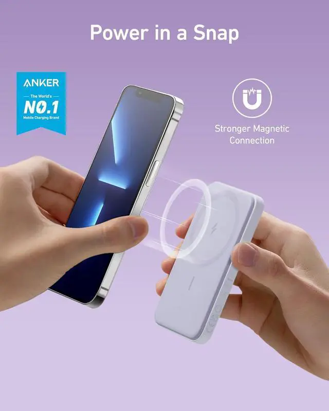 Alt view image 2 of 6 - Anker Magnetic Portable Charger, 5,000mAh Wireless Portable Charger with USB-C Cable, Battery Pack Only Compatible with iPhone 15/15 Plus/15 Pro/15 Pro Max, iPhone 14/13/12 Series and more (Renewed)