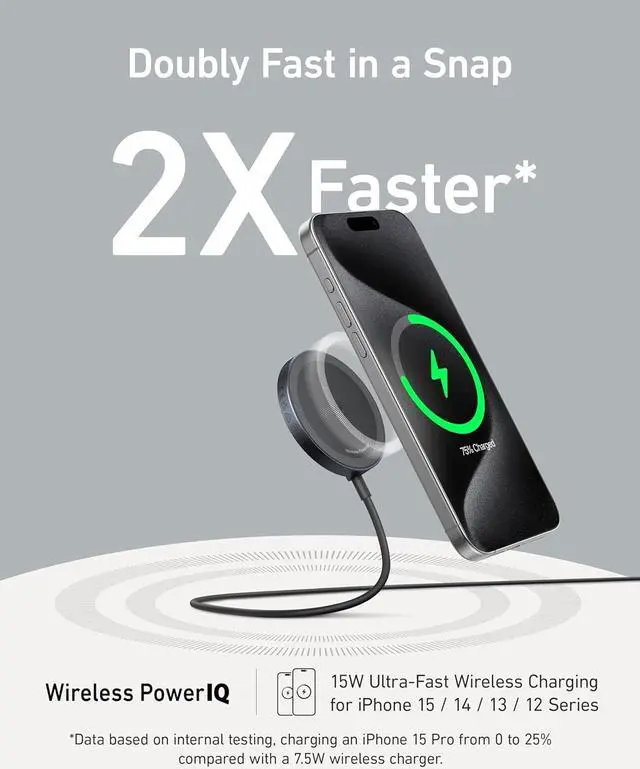 Alt view image 2 of 7 - Anker MagGo Magnetic Wireless Charger (Pad), Qi2 Certified 15W Ultra-Fast MagSafe Compatible Wireless Charger, for iPhone 15/15 Plus/15 Pro/15 Pro Max/14/13/12 Series (Charger Not Included)