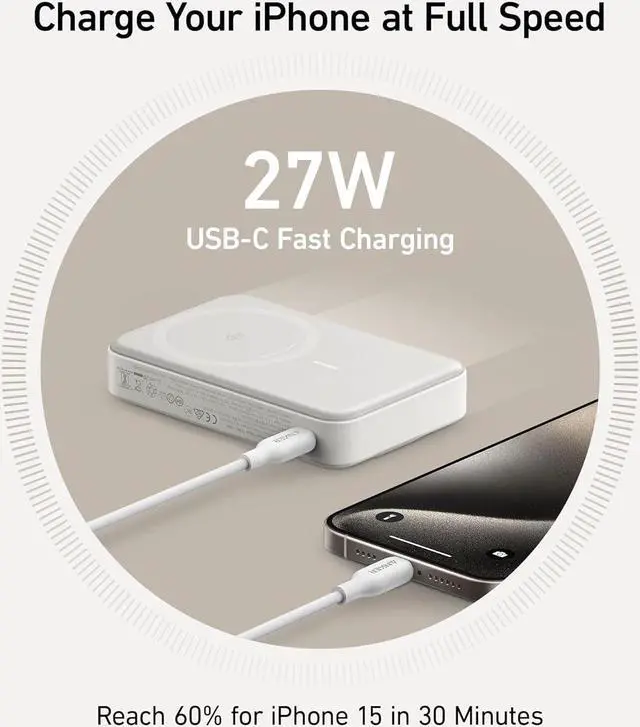 Alt view image 5 of 6 - Anker MagGo Power Bank, Qi2 Certified 15W Ultra-Fast MagSafe-Compatible Portable Charger, 10K Battery Pack with Smart Display and Foldable Stand, for iPhone 15/14/13/12 Only (USB-C Cable Included)