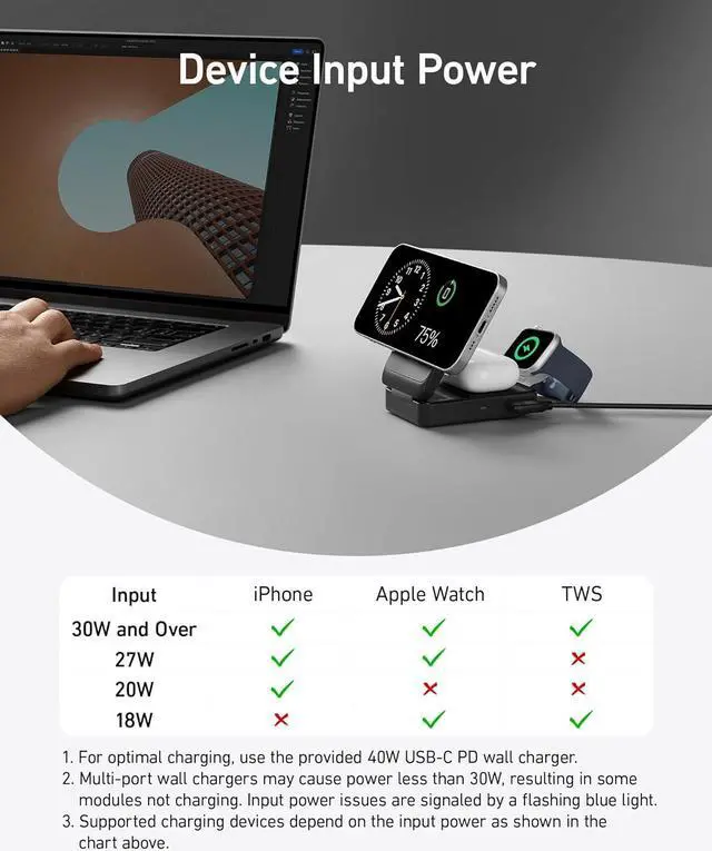 Alt view image 6 of 7 - Anker MagSafe Charger Compatible, Anker MagGo 3in1 Charging Station, Qi2 Certified 15W Wireless Charger Stand, Apple Watch Charger, for iPhone 15/14, AirPods, Apple Watch S9 40W USBC Charger Included