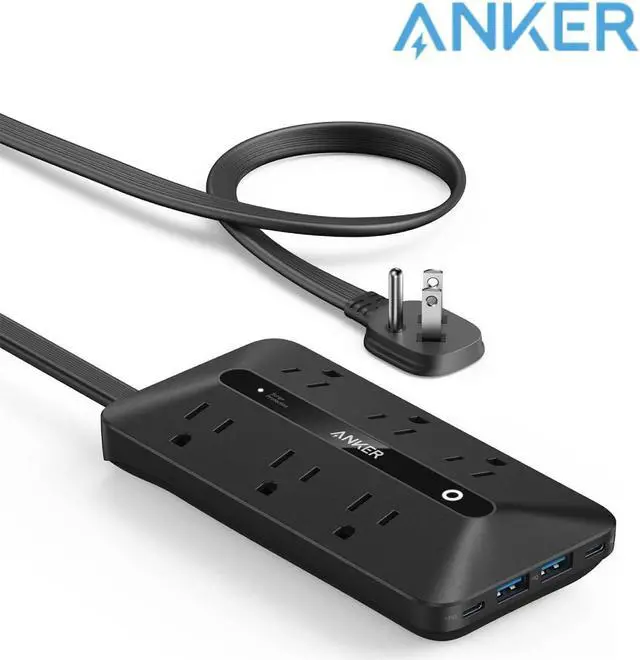 Main image of Flat Plug Power Strip 300J, Anker USB C Power Strip, 10-in-1 Ultra Thin Power Strip with 6 AC, 2 USB A and 2 USB C Ports,5ft Extension Cord, Desk Charging Station,Home Office College Dorm Room Black
