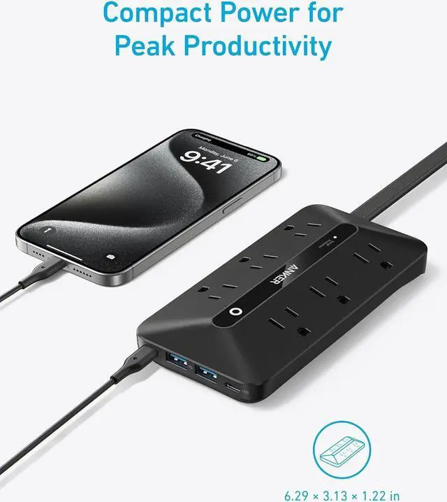 Alt view image 2 of 6 - Flat Plug Power Strip 300J, Anker USB C Power Strip, 10-in-1 Ultra Thin Power Strip with 6 AC, 2 USB A and 2 USB C Ports,5ft Extension Cord, Desk Charging Station,Home Office College Dorm Room Black