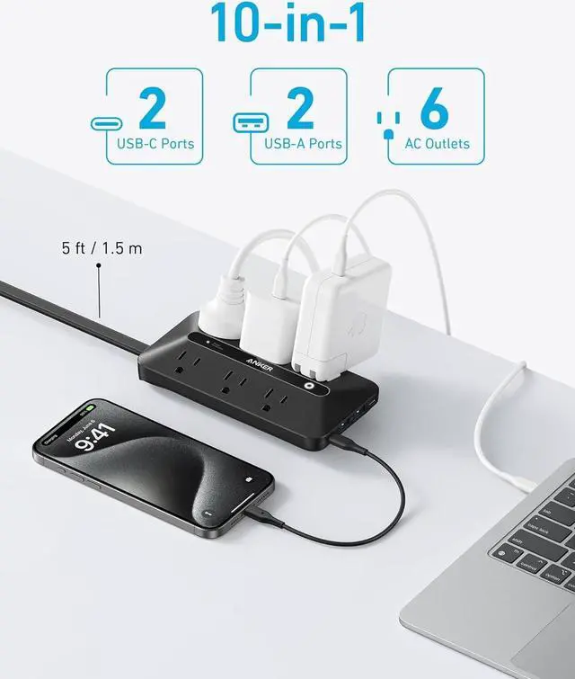 Alt view image 3 of 6 - Flat Plug Power Strip 300J, Anker USB C Power Strip, 10-in-1 Ultra Thin Power Strip with 6 AC, 2 USB A and 2 USB C Ports,5ft Extension Cord, Desk Charging Station,Home Office College Dorm Room Black