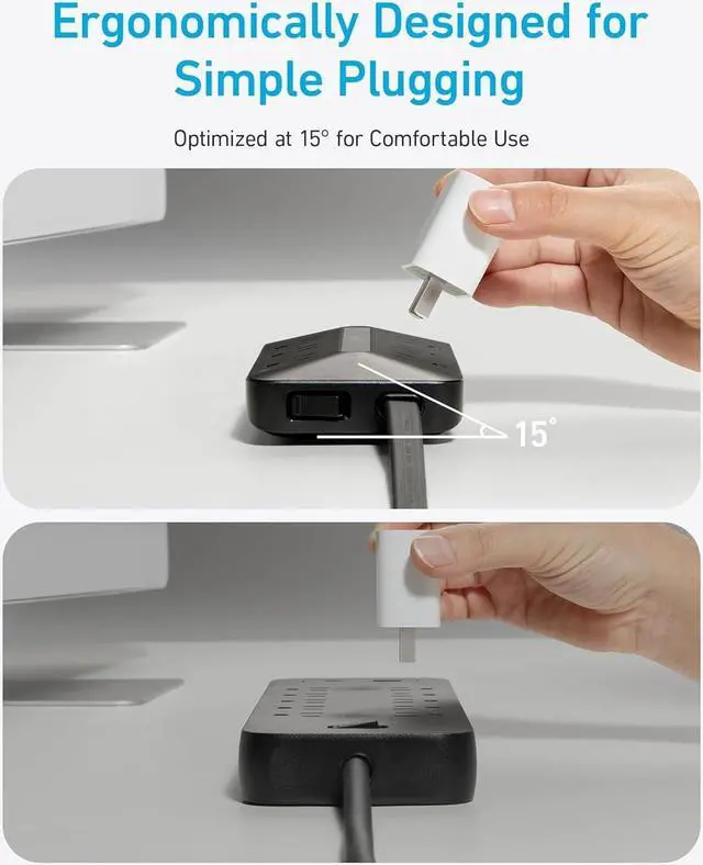 Alt view image 4 of 6 - Flat Plug Power Strip 300J, Anker USB C Power Strip, 10-in-1 Ultra Thin Power Strip with 6 AC, 2 USB A and 2 USB C Ports,5ft Extension Cord, Desk Charging Station,Home Office College Dorm Room Black