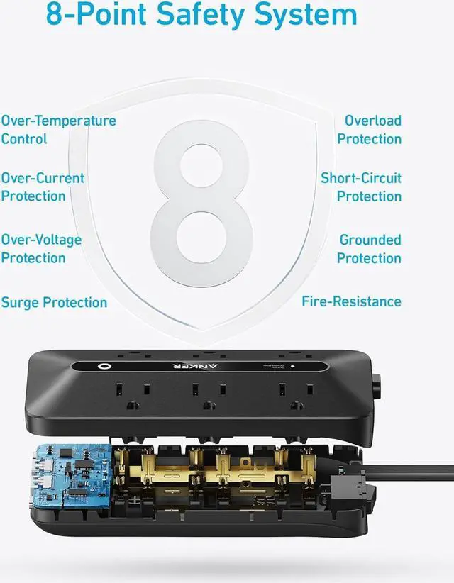 Alt view image 6 of 6 - Flat Plug Power Strip 300J, Anker USB C Power Strip, 10-in-1 Ultra Thin Power Strip with 6 AC, 2 USB A and 2 USB C Ports,5ft Extension Cord, Desk Charging Station,Home Office College Dorm Room Black