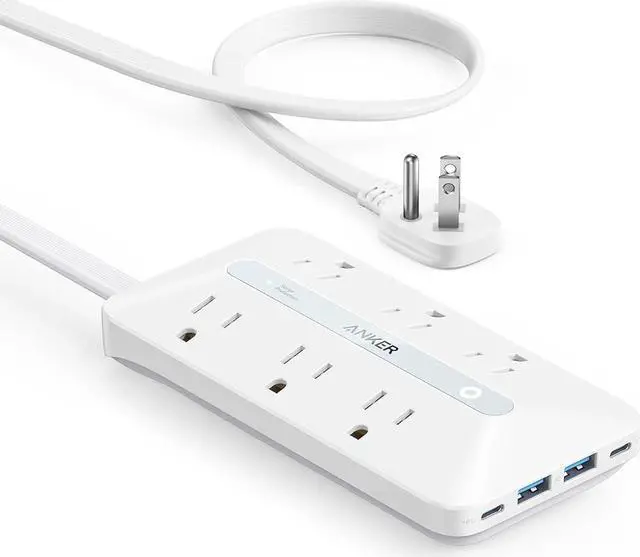 Main image of Flat Plug Power Strip 300J, Anker USB C Power Strip, 10-in-1 Ultra Thin Power Strip with 6 AC, 2 USB A and 2 USB C Ports,5ft Extension Cord, Desk Charging Station,Home Office College Dorm Room White