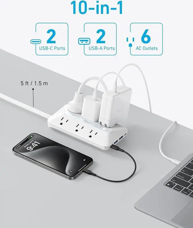 Alt view image 3 of 6 - Flat Plug Power Strip 300J, Anker USB C Power Strip, 10-in-1 Ultra Thin Power Strip with 6 AC, 2 USB A and 2 USB C Ports,5ft Extension Cord, Desk Charging Station,Home Office College Dorm Room White