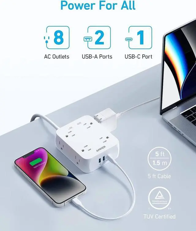 Alt view image 2 of 6 - Anker Power Strip with USB Ports,5Ft,Surge Protector(2000J),8 Widely Outlet Extender with 2 USB A Ports and 1 USB C Port,Works with iPhone 15/15 Plus/15 Pro/15 Pro Max,for Home, Office, TUV Listed