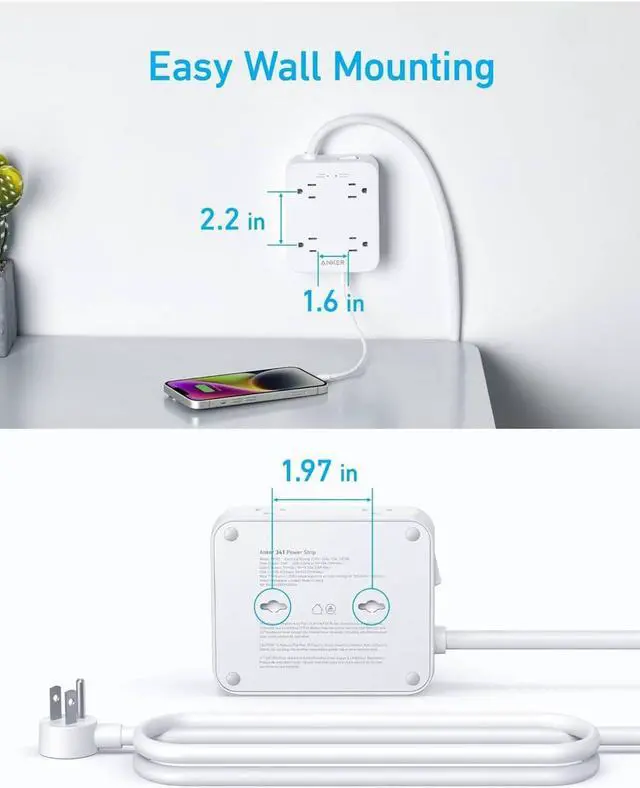 Alt view image 6 of 6 - Anker Power Strip with USB Ports,5Ft,Surge Protector(2000J),8 Widely Outlet Extender with 2 USB A Ports and 1 USB C Port,Works with iPhone 15/15 Plus/15 Pro/15 Pro Max,for Home, Office, TUV Listed