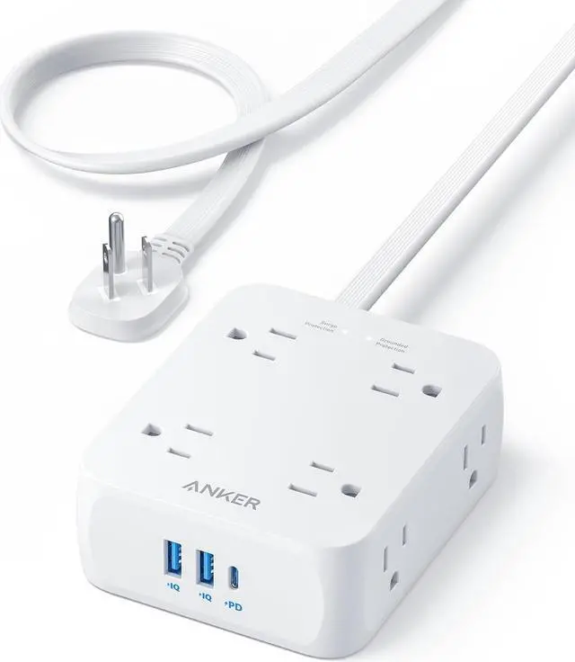 Main image of Surge Protector Flat Plug Power Strip 2000J, Anker 5ft Thin Extension Cord with 8 Outlets, 2 USB A and 1 USB C Port, 20W for iPhone15, Wall Mount, Compact for Home, Office, Room, TUV Listed