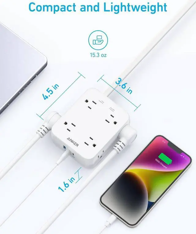 Alt view image 5 of 7 - Surge Protector Flat Plug Power Strip 2000J, Anker 5ft Thin Extension Cord with 8 Outlets, 2 USB A and 1 USB C Port, 20W for iPhone15, Wall Mount, Compact for Home, Office, Room, TUV Listed