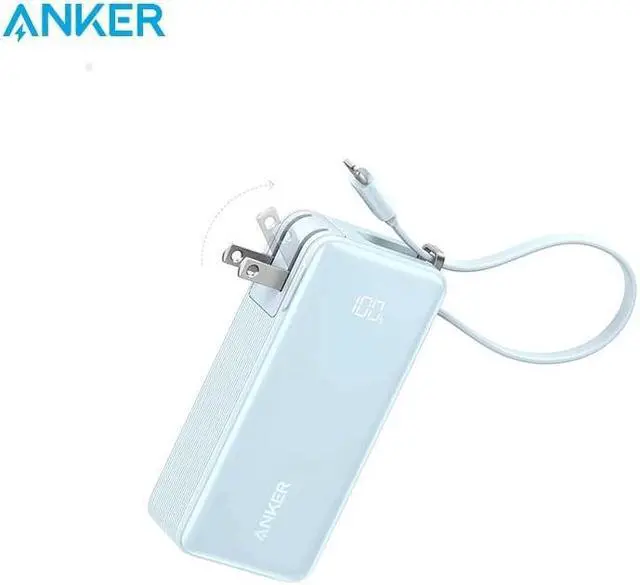 Main image of Anker Nano 3-in-1 Power Bank, Built-in Lightning Cable, USB-C Port, Foldable AC Plug for Fast Recharging, 30W Max Output, 10,000mAh Capacity, Compatible with iPhone 14 Series, AirPods, and More Blue