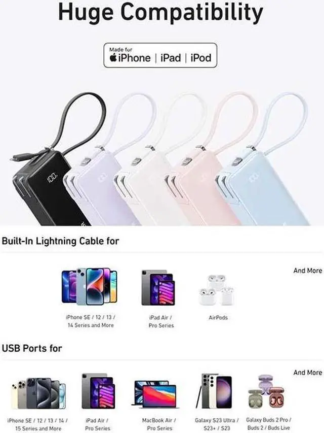 Alt view image 2 of 5 - Anker Nano 3-in-1 Power Bank, Built-in Lightning Cable, USB-C Port, Foldable AC Plug for Fast Recharging, 30W Max Output, 10,000mAh Capacity, Compatible with iPhone 14 Series, AirPods, and More Blue