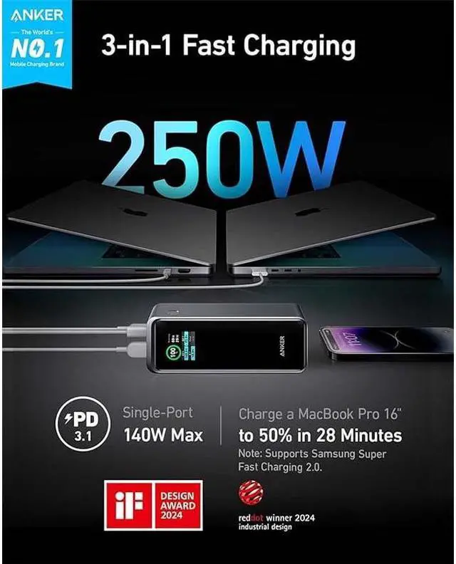 Alt view image 2 of 7 - Anker Prime 27,650mAh Power Bank (250W) with 100W Charging Base, 3-Port Portable Charger, Smart App, Compatible with iPhone 15/15 Plus/15 Pro/15 Pro Max/14 Series, MacBook, Samsung, Dell, AirPods