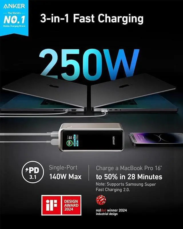 Alt view image 2 of 7 - Anker Prime Power Bank, 27,650mAh 3-Port 250W Portable Charger (99.54Wh) Smart App, Compatible with MacBook Pro/Air, iPhone 15/14/13 Series, Samsung, Dell, and More (Charging Base Not Included) Gold