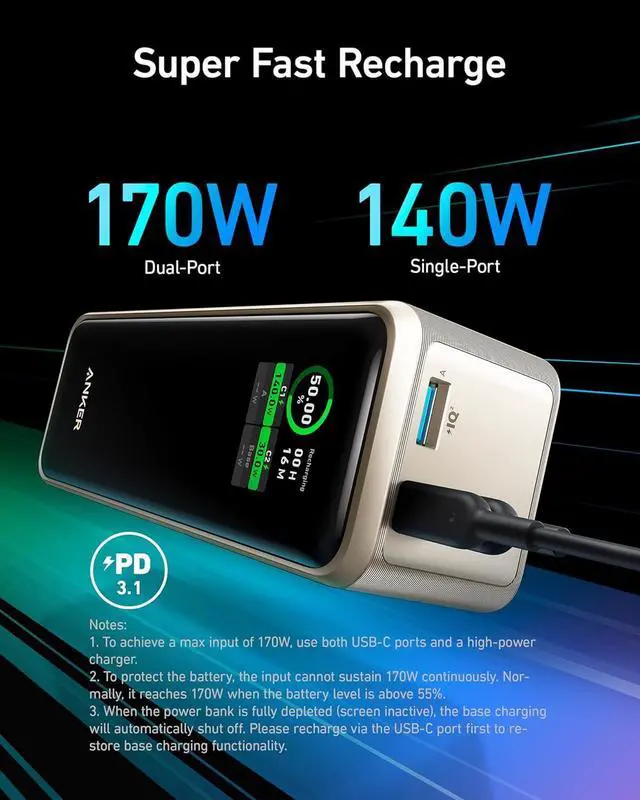 Alt view image 5 of 7 - Anker Prime Power Bank, 27,650mAh 3-Port 250W Portable Charger (99.54Wh) Smart App, Compatible with MacBook Pro/Air, iPhone 15/14/13 Series, Samsung, Dell, and More (Charging Base Not Included) Gold