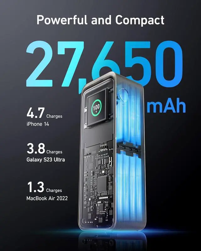 Alt view image 4 of 7 - Anker Prime Power Bank, 27,650mAh 3-Port 250W Portable Charger (99.54Wh) Smart App, Compatible with MacBook Pro/Air, iPhone 15/14/13 Series, Samsung, Dell, and More (Charging Base Not Included) Gold
