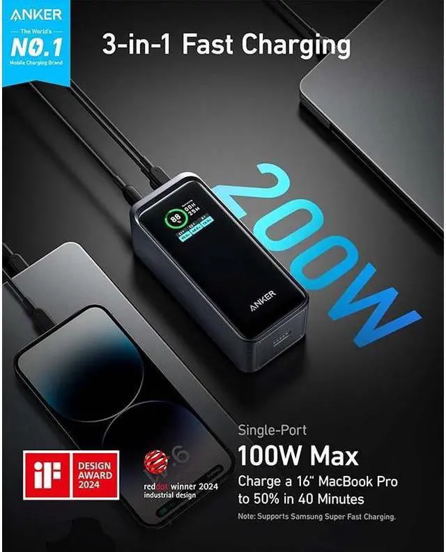 Alt view image 2 of 7 - Anker Prime Power Bank 200W, 20,000mAh Portable Charger 3-Port with 100W Charging Base, Smart Digital Display, Compatible with iPhone 15/15 Plus/15 Pro/15 Pro Max/14 Series, MacBook, Samsung, Dell