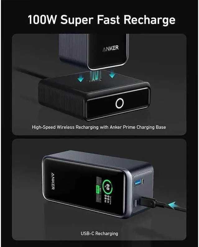 Alt view image 3 of 7 - Anker Prime Power Bank 200W, 20,000mAh Portable Charger 3-Port with 100W Charging Base, Smart Digital Display, Compatible with iPhone 15/15 Plus/15 Pro/15 Pro Max/14 Series, MacBook, Samsung, Dell