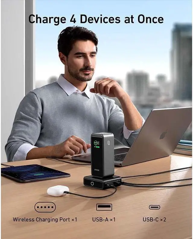 Alt view image 6 of 7 - Anker Prime Power Bank 200W, 20,000mAh Portable Charger 3-Port with 100W Charging Base, Smart Digital Display, Compatible with iPhone 15/15 Plus/15 Pro/15 Pro Max/14 Series, MacBook, Samsung, Dell