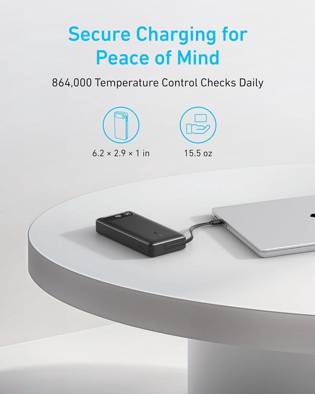 Alt view image 2 of 5 - Anker Power Bank, 20,000mAh Portable Charger with Built-in USB-C Cable, 87W Max Fast Charging Battery Pack for Laptop, 2 USB-C and 1 USB-A, for MacBook, iPhone 15 Series, Samsung, Switch, and More