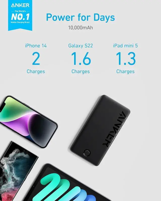 Alt view image 2 of 6 - Anker Power Bank, 10,000mAh Portable Charger (PowerCore PIQ), High-Capacity Battery Pack for iPhone 15/15 Plus/15 Pro/15 Pro Max/14/14 Pro/Samsung/Pixel/LG (Cable and Charger Not Included)(Black)
