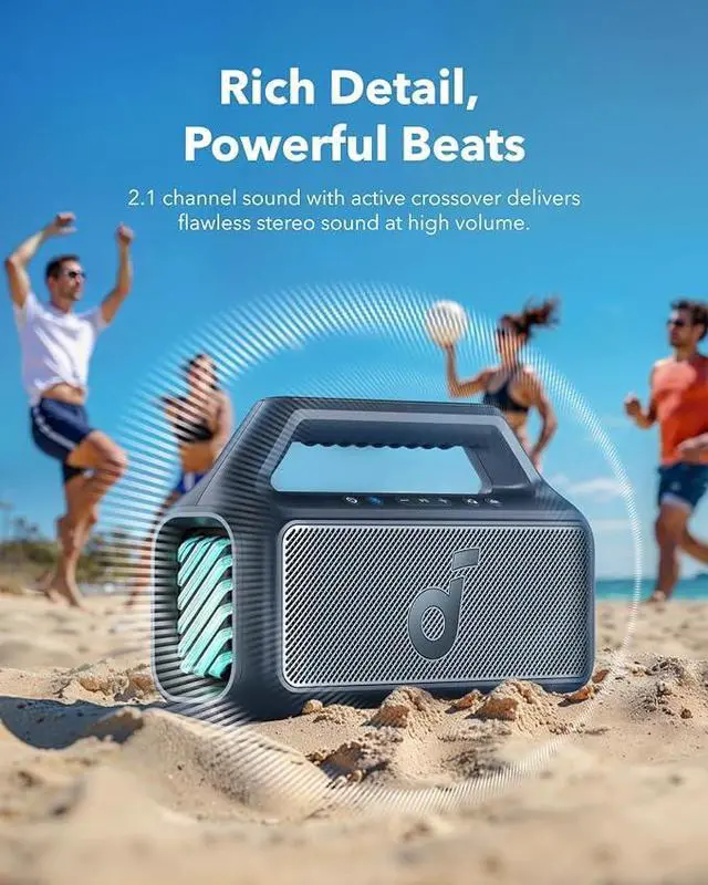 Alt view image 2 of 5 - Soundcore Boom 2 Outdoor Speaker, 80W, Subwoofer, BassUp 2.0, 24H Playtime, IPX7 Waterproof, Floatable, RGB Lights, USB-C, Custom EQ, Bluetooth 5.3, Portable for Outdoors, Camping, Beach Blue
