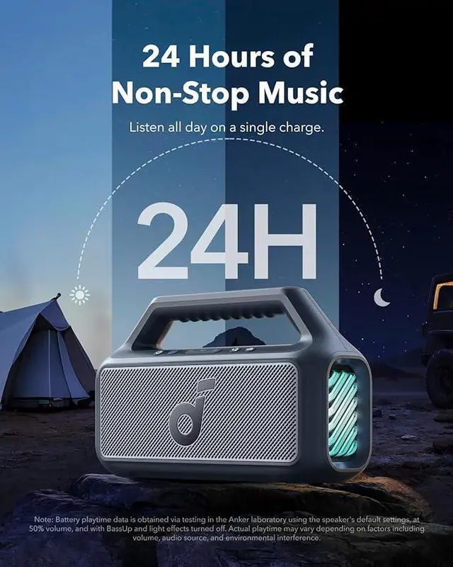 Alt view image 5 of 5 - Soundcore Boom 2 Outdoor Speaker, 80W, Subwoofer, BassUp 2.0, 24H Playtime, IPX7 Waterproof, Floatable, RGB Lights, USB-C, Custom EQ, Bluetooth 5.3, Portable for Outdoors, Camping, Beach Blue