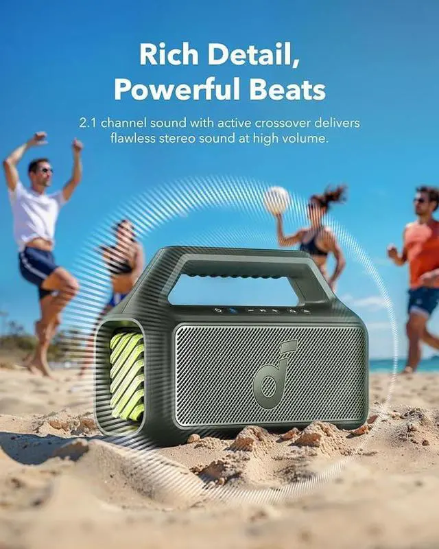 Alt view image 2 of 5 - Soundcore Boom 2 Outdoor Speaker, 80W, Subwoofer, BassUp 2.0, 24H Playtime, IPX7 Waterproof, Floatable, RGB Lights, USB-C, Custom EQ, Bluetooth 5.3, Portable for Outdoors, Camping, Beach Green