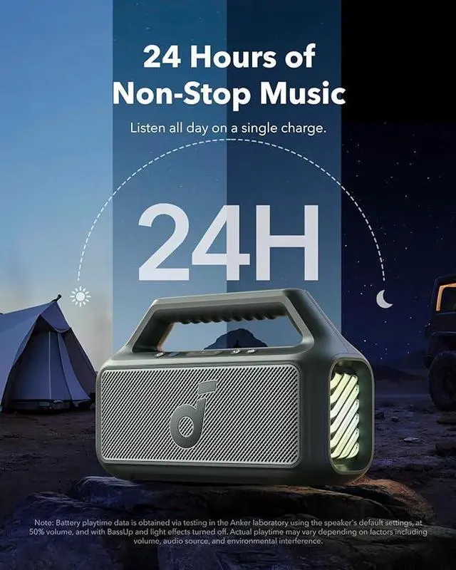 Alt view image 5 of 5 - Soundcore Boom 2 Outdoor Speaker, 80W, Subwoofer, BassUp 2.0, 24H Playtime, IPX7 Waterproof, Floatable, RGB Lights, USB-C, Custom EQ, Bluetooth 5.3, Portable for Outdoors, Camping, Beach Green