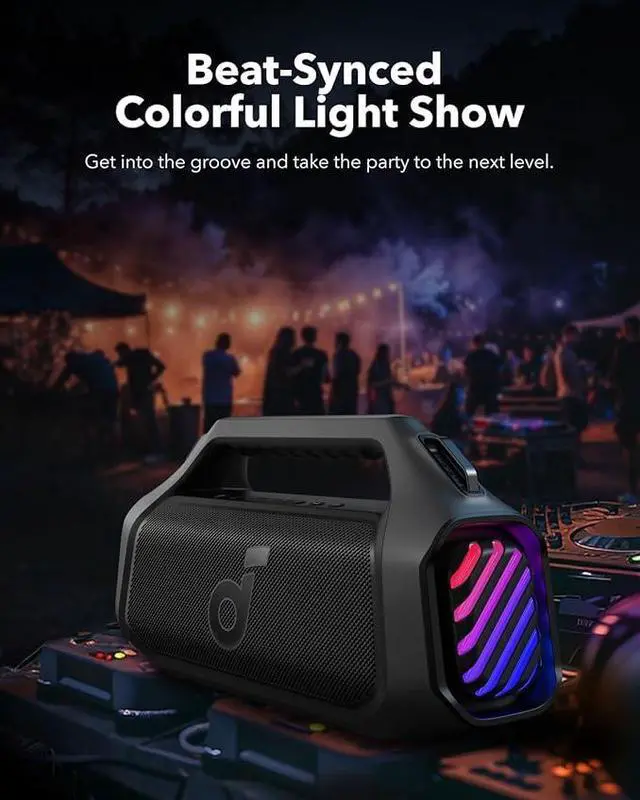 Alt view image 4 of 6 - Soundcore Boom 2 Plus Outdoor Speaker, 140W, 2+2 Channel, BassUp 2.0, 20H, Fast Charge, IPX7 Waterproof, RGB Lights, USB-C, Power Bank, BT 5.3, Portable Bluetooth Speaker, Camping, Beach, Backyard