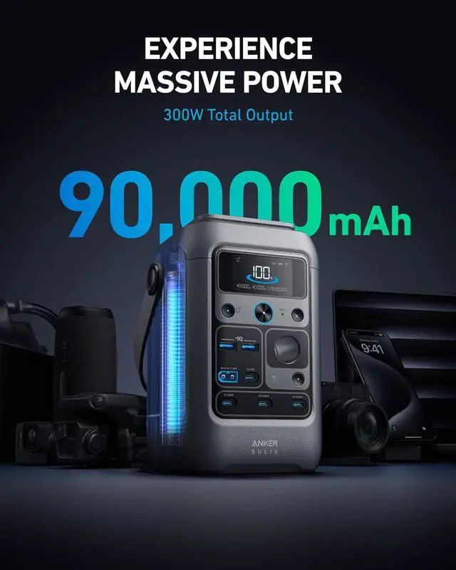 Alt view image 2 of 7 - Anker SOLIX C300 DC Power Bank Station (90,000mAh) and 60W Solar Panel, 288Wh Portable Power Station, LiFePO4 Battery, 300W Solar Generator, for Outdoor, Camping, Traveling, and Emergencies
