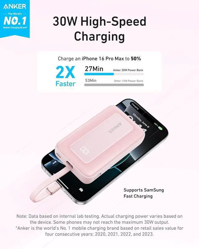 Alt view image 2 of 6 - Anker Zolo Portable Charger, 10,000mAh 30W Power Bank with Built-in Lanyard USB-C Cable for Travel, Fast Charging Battery Pack for iPhone 16/15 Series, MacBook, Galaxy, iPad, and More Pink