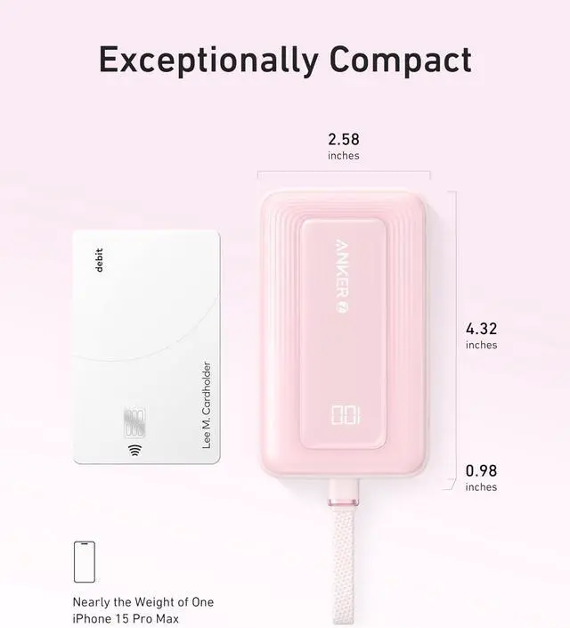 Alt view image 6 of 6 - Anker Zolo Portable Charger, 10,000mAh 30W Power Bank with Built-in Lanyard USB-C Cable for Travel, Fast Charging Battery Pack for iPhone 16/15 Series, MacBook, Galaxy, iPad, and More Pink