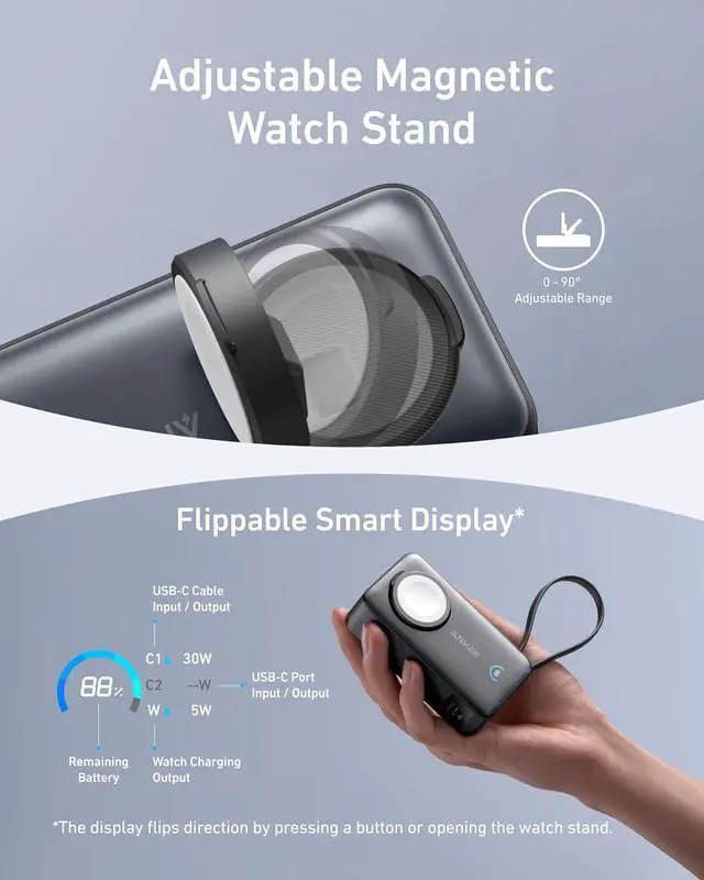 Alt view image 5 of 6 - Anker MagGo Power Bank for Apple Watch, Officially Certified, 10,000 mAh Compact Battery Pack with Built-in USB-C Cable, 35 W Max, for iPhone 15 Series, Samsung, iPad, AirPods and More