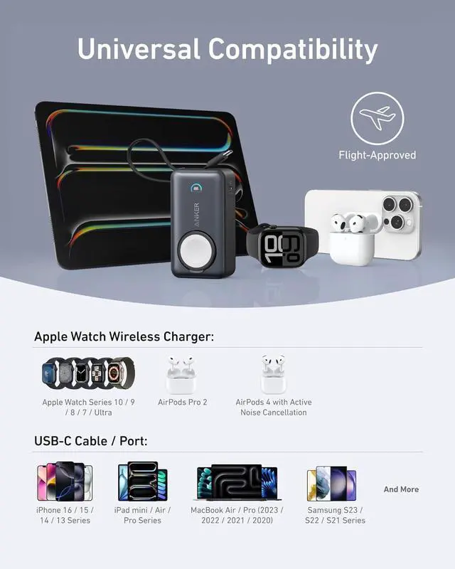 Alt view image 6 of 6 - Anker MagGo Power Bank for Apple Watch, Officially Certified, 10,000 mAh Compact Battery Pack with Built-in USB-C Cable, 35 W Max, for iPhone 15 Series, Samsung, iPad, AirPods and More