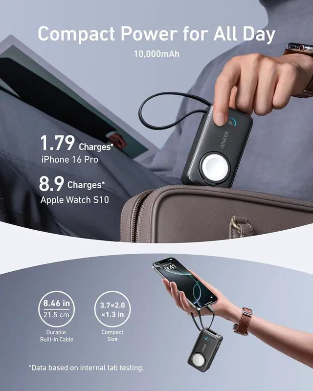 Alt view image 4 of 6 - Anker MagGo Power Bank for Apple Watch, Officially Certified, 10,000 mAh Compact Battery Pack with Built-in USB-C Cable, 35 W Max, for iPhone 15 Series, Samsung, iPad, AirPods and More