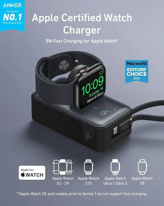 Alt view image 2 of 6 - Anker MagGo Power Bank for Apple Watch, Officially Certified, 10,000 mAh Compact Battery Pack with Built-in USB-C Cable, 35 W Max, for iPhone 15 Series, Samsung, iPad, AirPods and More