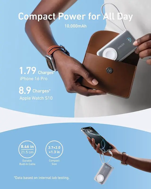 Alt view image 4 of 6 - Anker MagGo Power Bank for Apple Watch, Officially Certified, 10,000 mAh Compact Battery Pack with Built-in USB-C Cable, 35 W Max, for iPhone 15 Series, Samsung, iPad, AirPods and More White