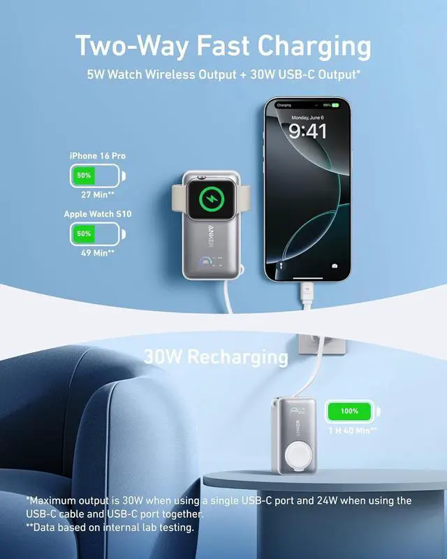 Alt view image 3 of 6 - Anker MagGo Power Bank for Apple Watch, Officially Certified, 10,000 mAh Compact Battery Pack with Built-in USB-C Cable, 35 W Max, for iPhone 15 Series, Samsung, iPad, AirPods and More White