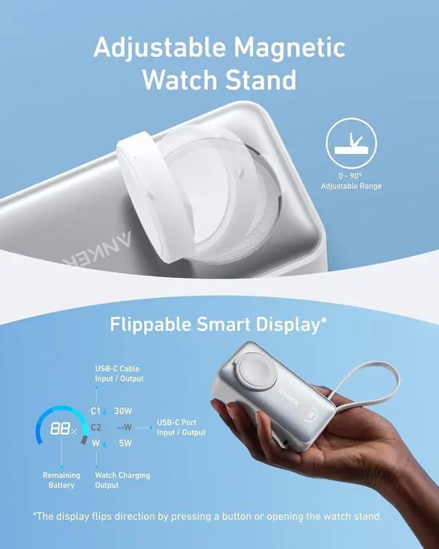 Alt view image 5 of 6 - Anker MagGo Power Bank for Apple Watch, Officially Certified, 10,000 mAh Compact Battery Pack with Built-in USB-C Cable, 35 W Max, for iPhone 15 Series, Samsung, iPad, AirPods and More White