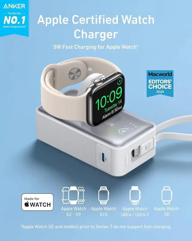 Alt view image 2 of 6 - Anker MagGo Power Bank for Apple Watch, Officially Certified, 10,000 mAh Compact Battery Pack with Built-in USB-C Cable, 35 W Max, for iPhone 15 Series, Samsung, iPad, AirPods and More White