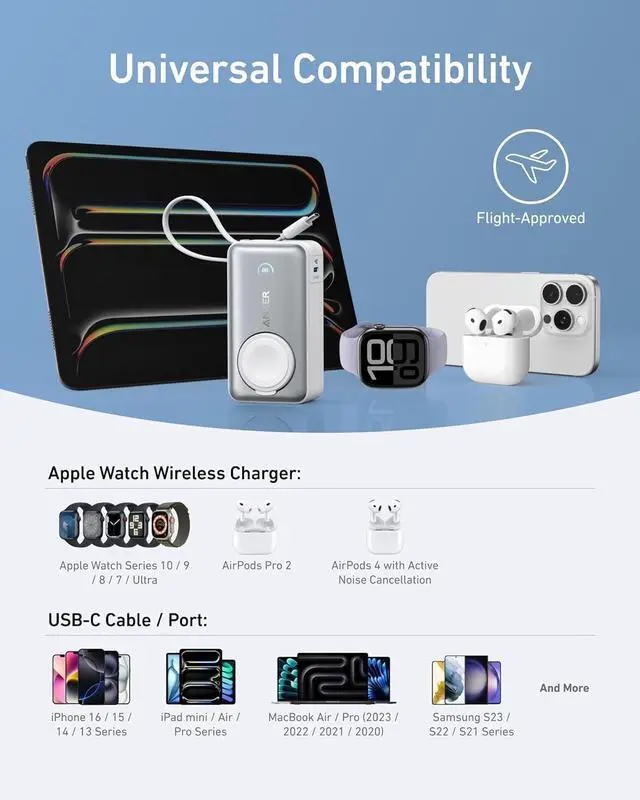Alt view image 6 of 6 - Anker MagGo Power Bank for Apple Watch, Officially Certified, 10,000 mAh Compact Battery Pack with Built-in USB-C Cable, 35 W Max, for iPhone 15 Series, Samsung, iPad, AirPods and More White