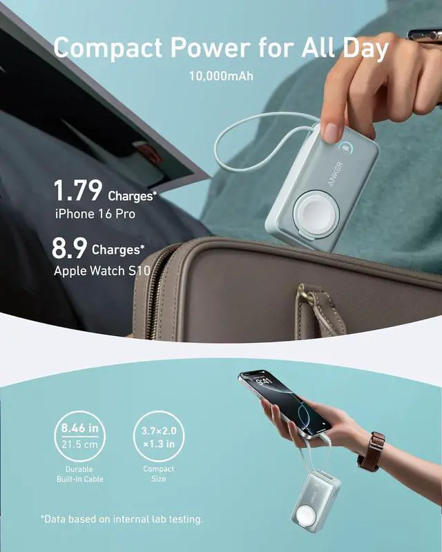 Alt view image 4 of 6 - Anker MagGo Power Bank for Apple Watch, Officially Certified, 10,000 mAh Compact Battery Pack with Built-in USB-C Cable, 35 W Max, for iPhone 15 Series, Samsung, iPad, AirPods and More Green