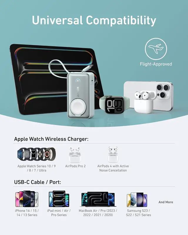 Alt view image 6 of 6 - Anker MagGo Power Bank for Apple Watch, Officially Certified, 10,000 mAh Compact Battery Pack with Built-in USB-C Cable, 35 W Max, for iPhone 15 Series, Samsung, iPad, AirPods and More Green