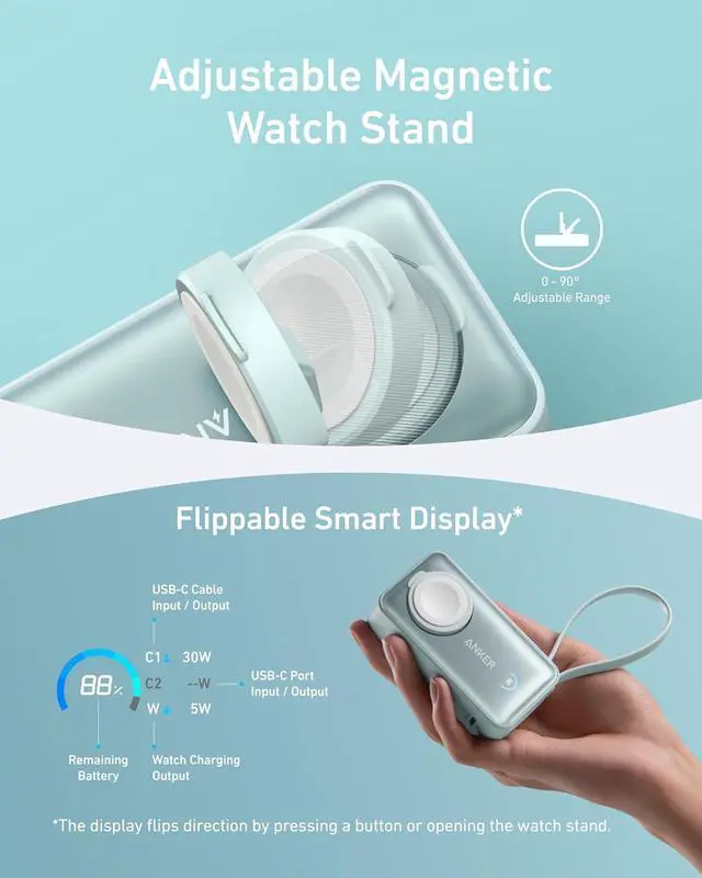 Alt view image 5 of 6 - Anker MagGo Power Bank for Apple Watch, Officially Certified, 10,000 mAh Compact Battery Pack with Built-in USB-C Cable, 35 W Max, for iPhone 15 Series, Samsung, iPad, AirPods and More Green