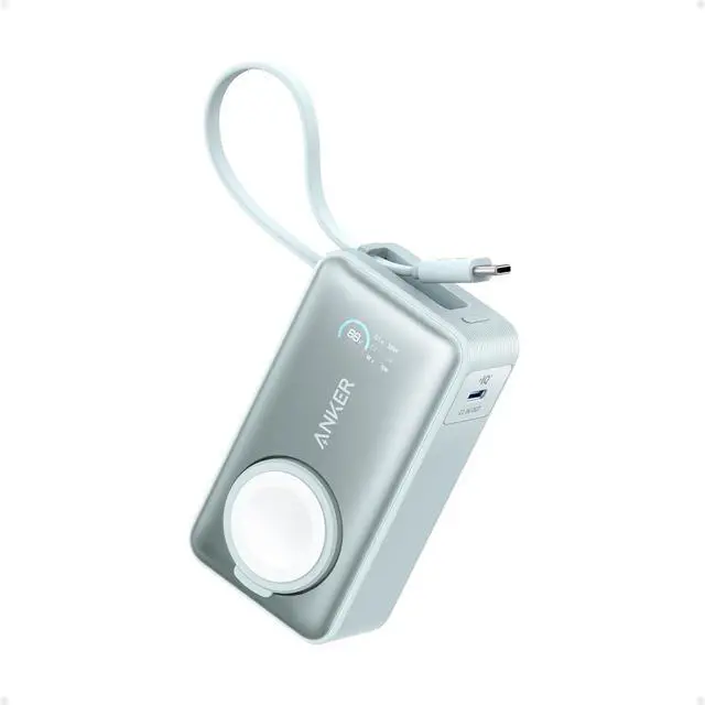 Main image of Anker MagGo Power Bank for Apple Watch, Officially Certified, 10,000 mAh Compact Battery Pack with Built-in USB-C Cable, 35 W Max, for iPhone 15 Series, Samsung, iPad, AirPods and More Green
