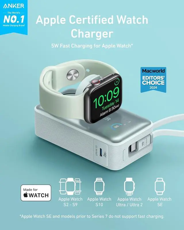 Alt view image 2 of 6 - Anker MagGo Power Bank for Apple Watch, Officially Certified, 10,000 mAh Compact Battery Pack with Built-in USB-C Cable, 35 W Max, for iPhone 15 Series, Samsung, iPad, AirPods and More Green