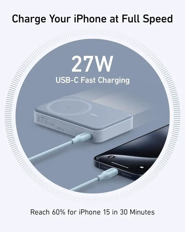 Alt view image 5 of 6 - Anker MagGo Power Bank, Qi2 Certified 15W Ultra-Fast MagSafe-Compatible Portable Charger, 10K Battery Pack with Smart Display and Foldable Stand, for iPhone 15/14/13/12 Only (USB-C Cable Included)
